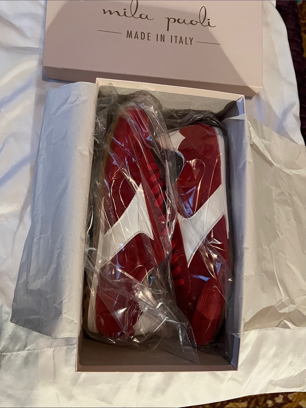 Mila Paoli Red Suede Sneaker with White Accent